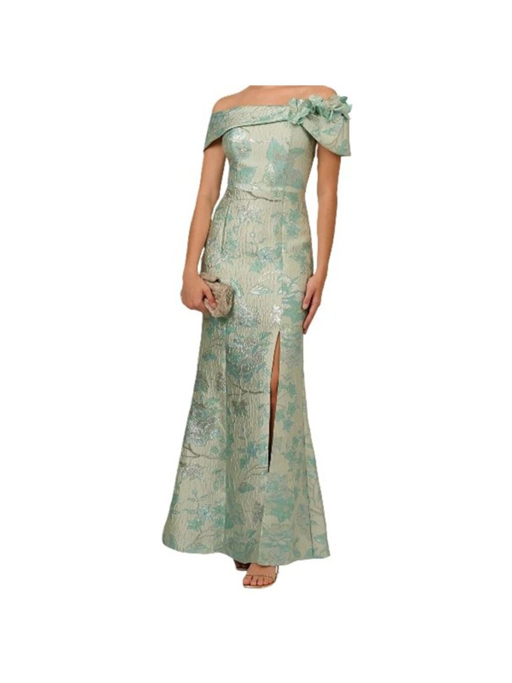 Adrianna Papell Women’s Off Shoulder Floral Jacquard Brocade Gown Sage Size 12